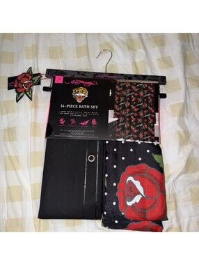 NWT Ed Hardy 14-Piece Shower Curtain Set - Roses & Silver Hooks